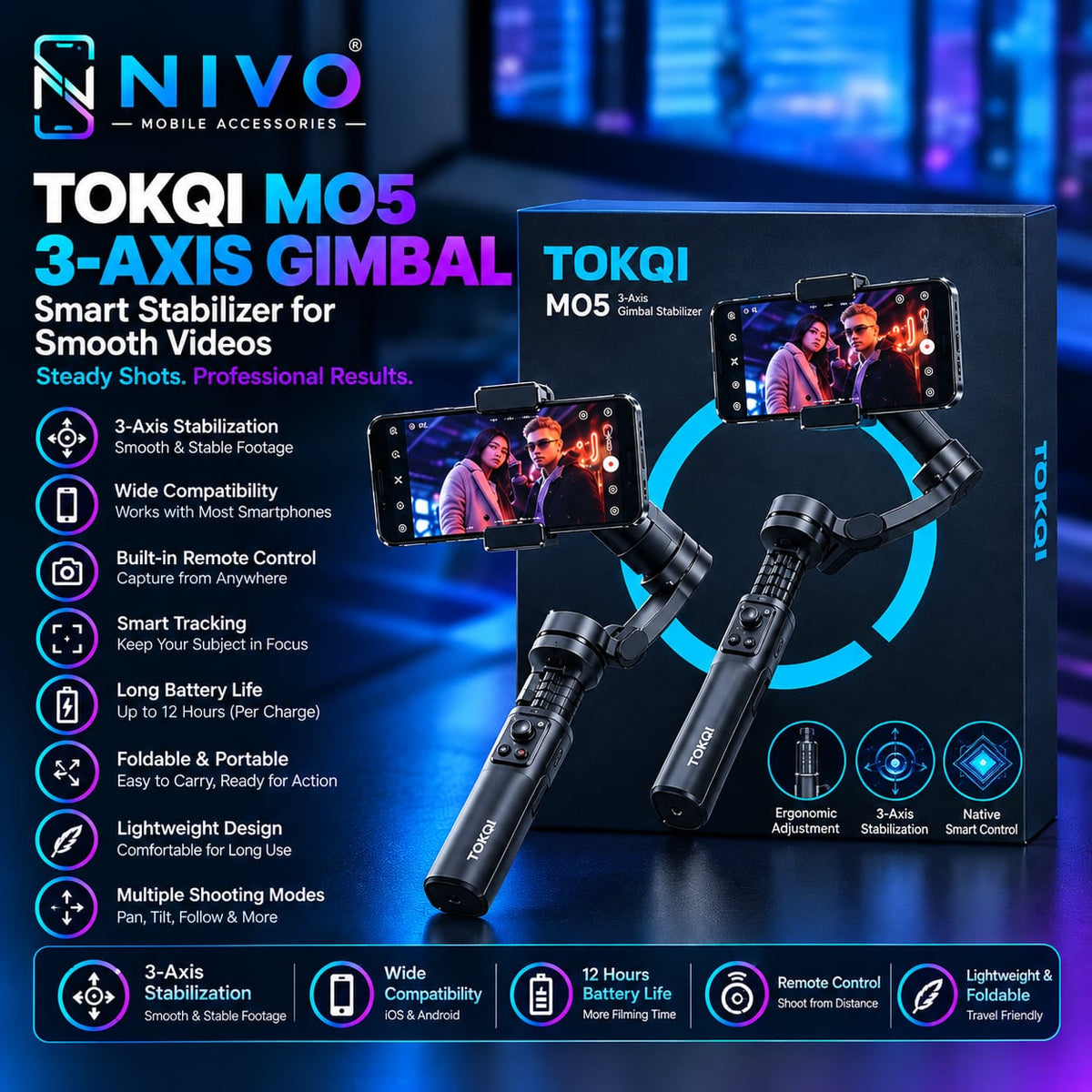 TOKQI M05 3-Axis Gimbal Smart Stabilizer for Smartphones with Remote Control