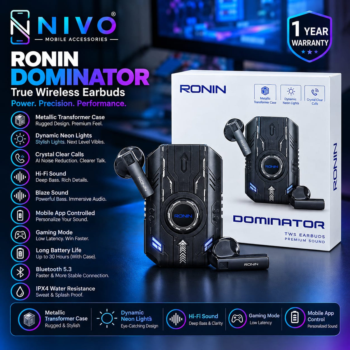 Ronin Dominator R-7035 Gaming Earbuds – 40ms Ultra-Low Latency, 13mm Drivers & RGB Lights