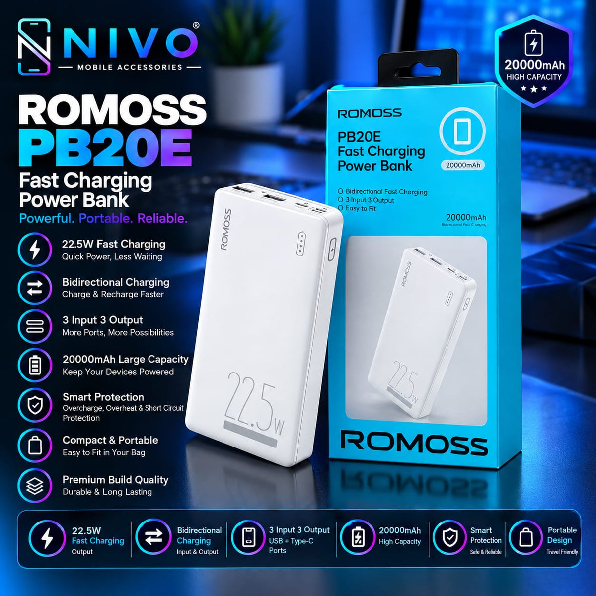ROMOSS 20000mAh Power Bank – High Capacity Portable Charger