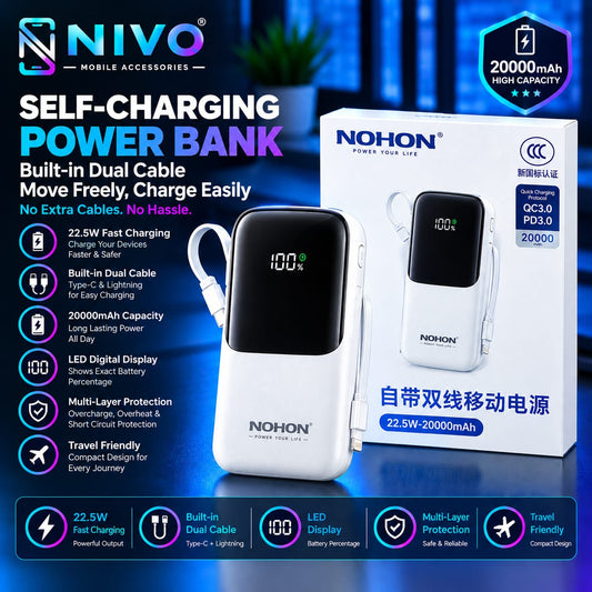 NOHON 20000mAh 22.5W Fast Charging Power Bank with Built-in Dual Cables & LED Display