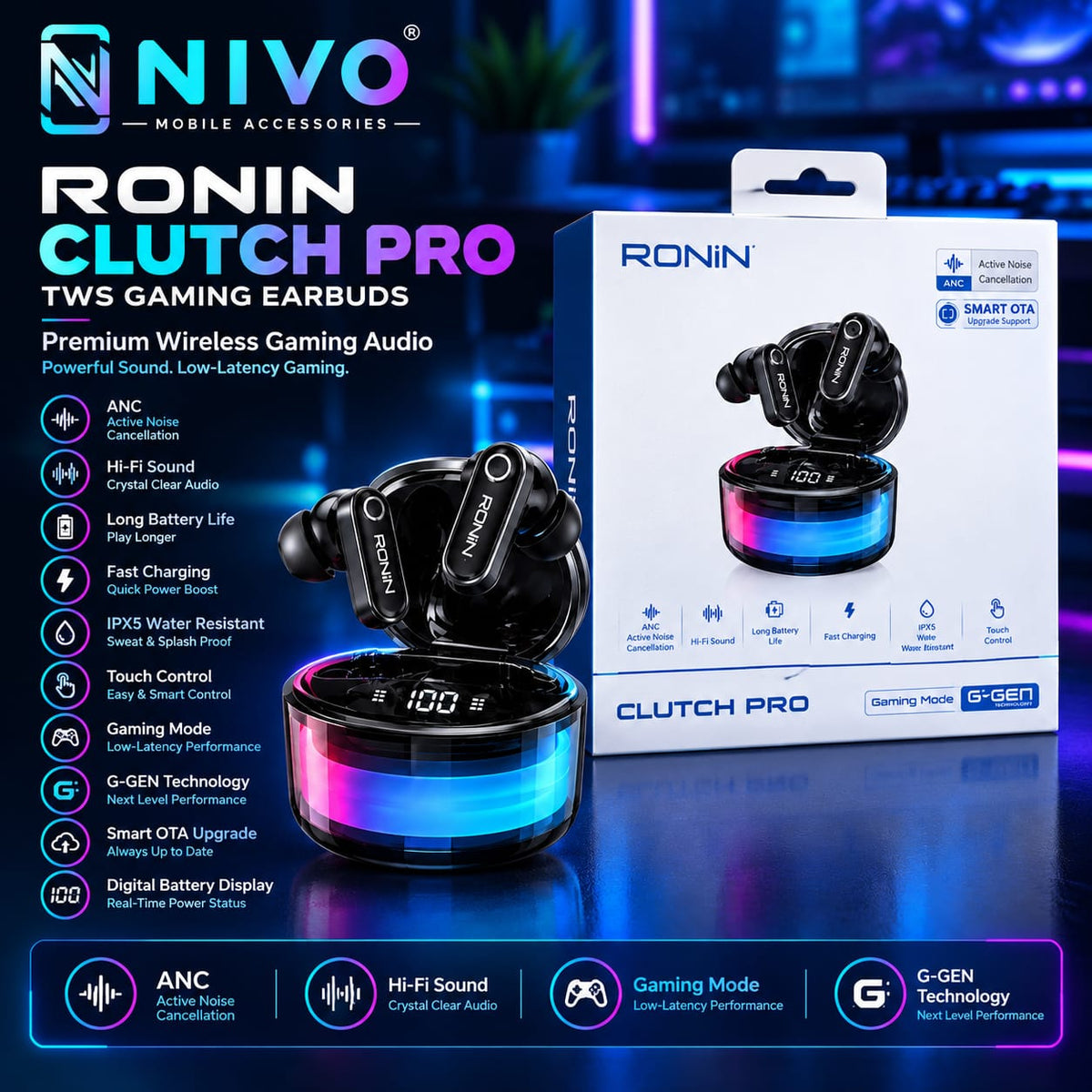 RONIN CLUTCH PRO – TWS Gaming Earbuds
