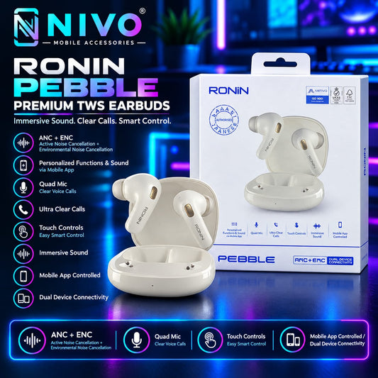 RONIN Pebble Premium TWS Earbuds – ANC + ENC | Quad Mic | Touch Controls | Dual Device Connectivity