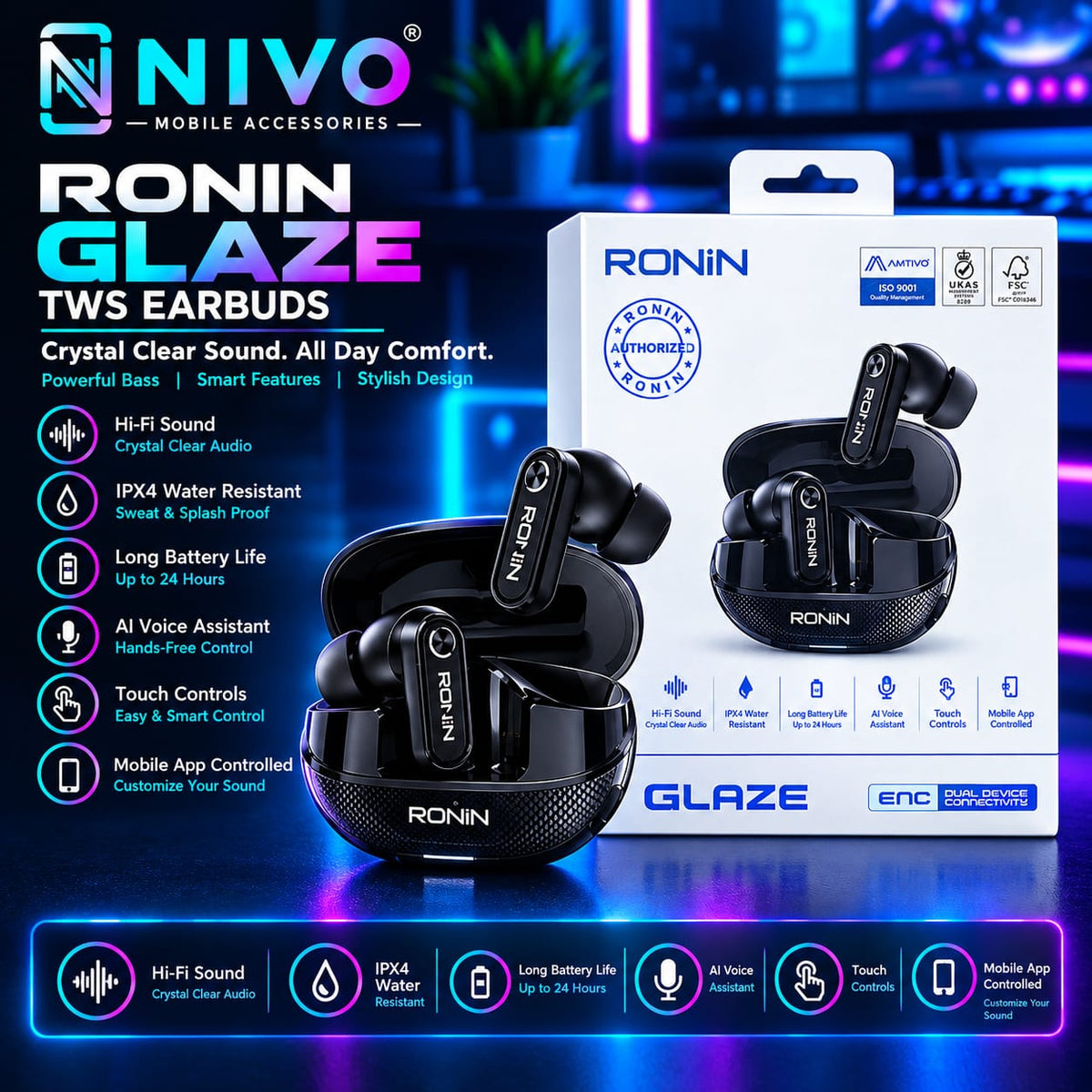 RONIN Glaze TWS Earbuds – Hi-Fi Sound | IPX4 Water Resistant | AI Voice Assistant | Touch Controls
