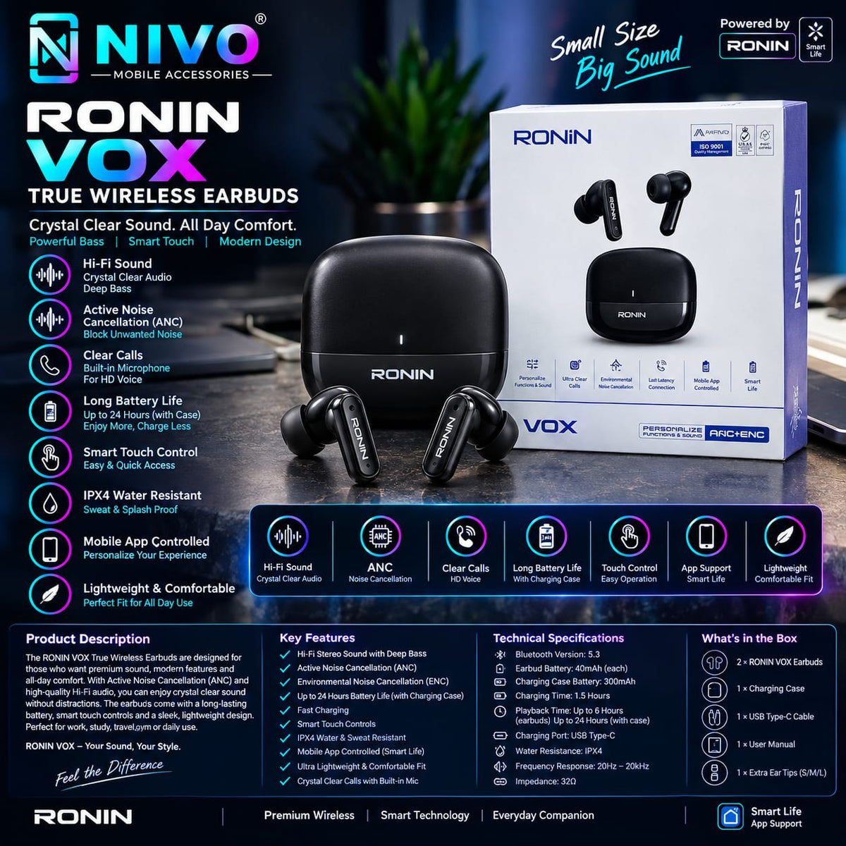 RONIN VOX True Wireless Earbuds | ANC, Hi-Fi Sound & 24-Hour Battery Life