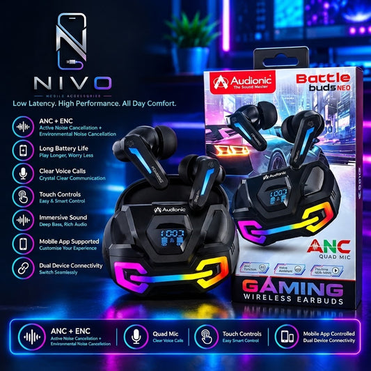 Audionic Battle Buds Neo Gaming Wireless Earbuds – ANC + ENC, Quad Mic & Touch Controls