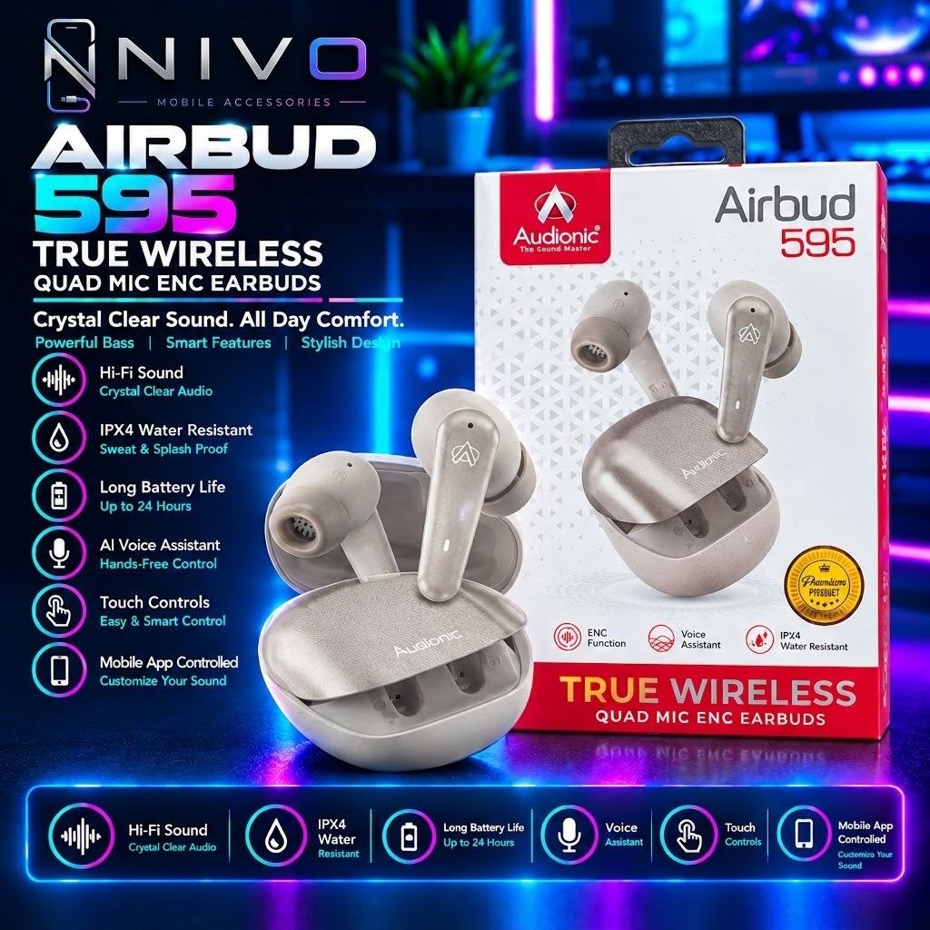 Audionic Airbud 595 True Wireless Quad Mic ENC Earbuds | IPX4 Water Resistant & Mobile App Controlled