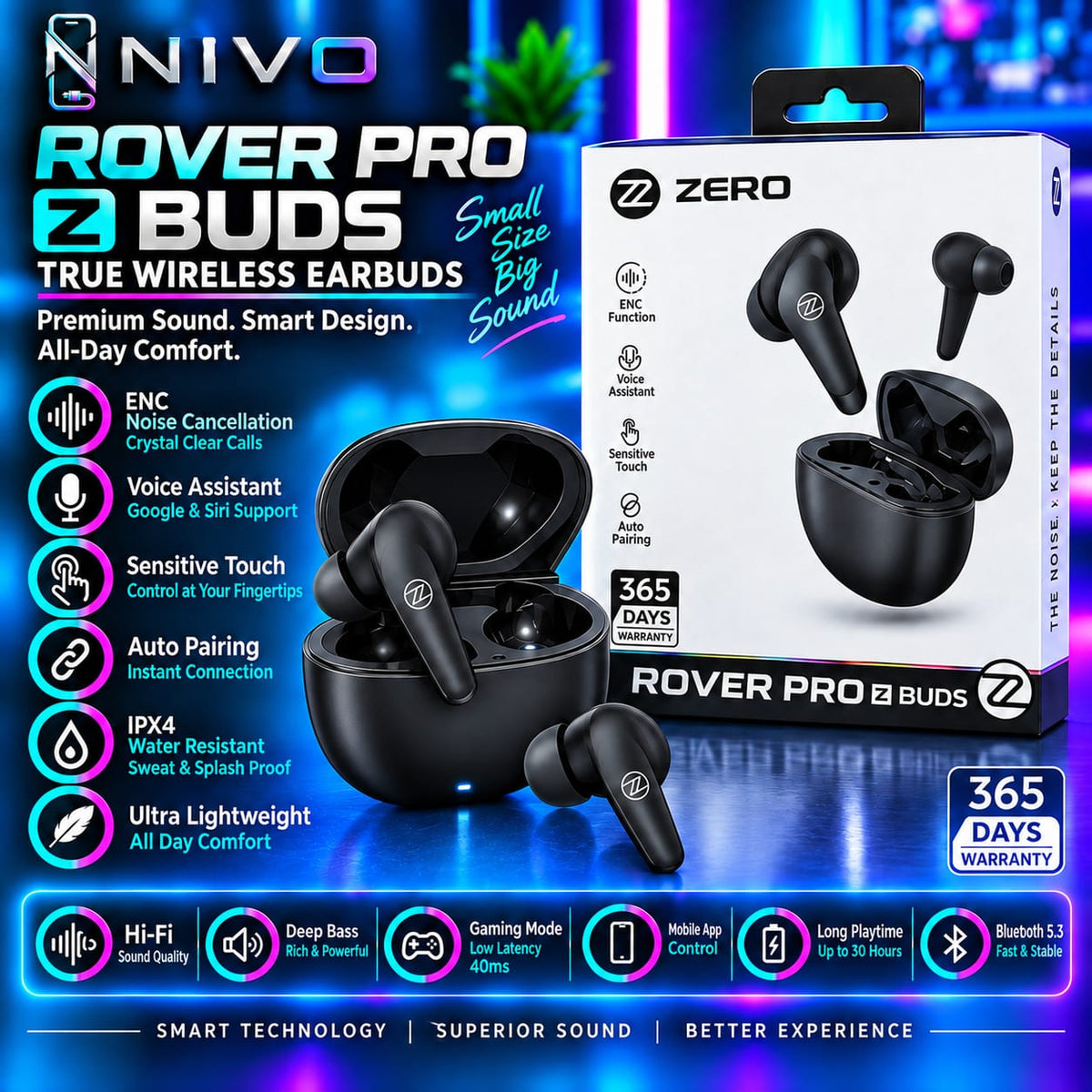 ZERO Rover Pro Z Buds Wireless Earbuds - ENC, Low Latency Gaming Mode, 30 Hours Playtime & App Control